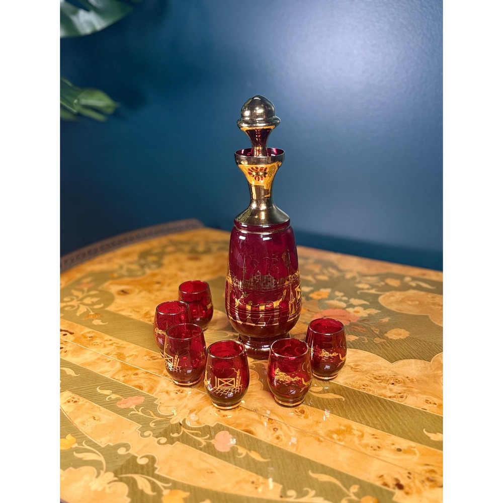 Vintage Ruby Red Glass Decanter Set • Gold Venetian Scene Cordial Glasses